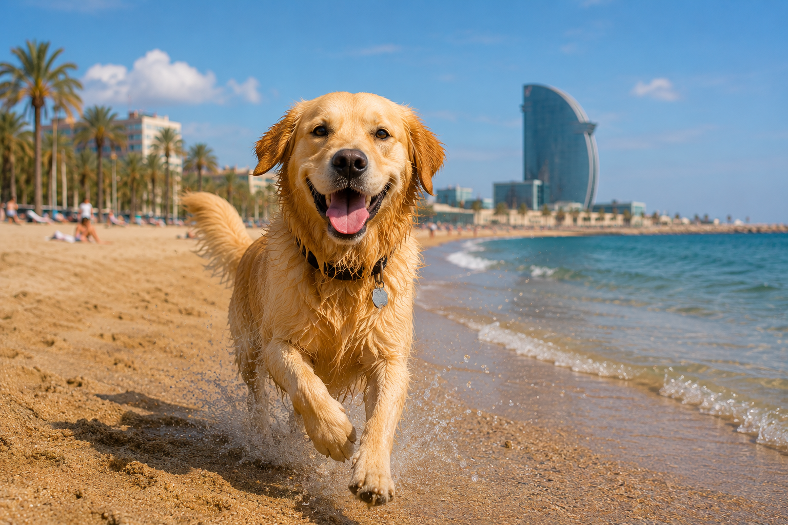Dog enjoying a pet-friendly beach in Barcelona on a sunny day