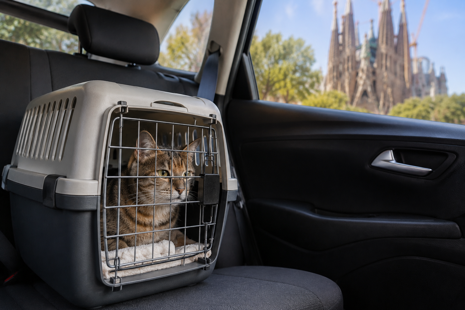 Calm cat in a carrier being transported safely by a pet taxi in Barcelona