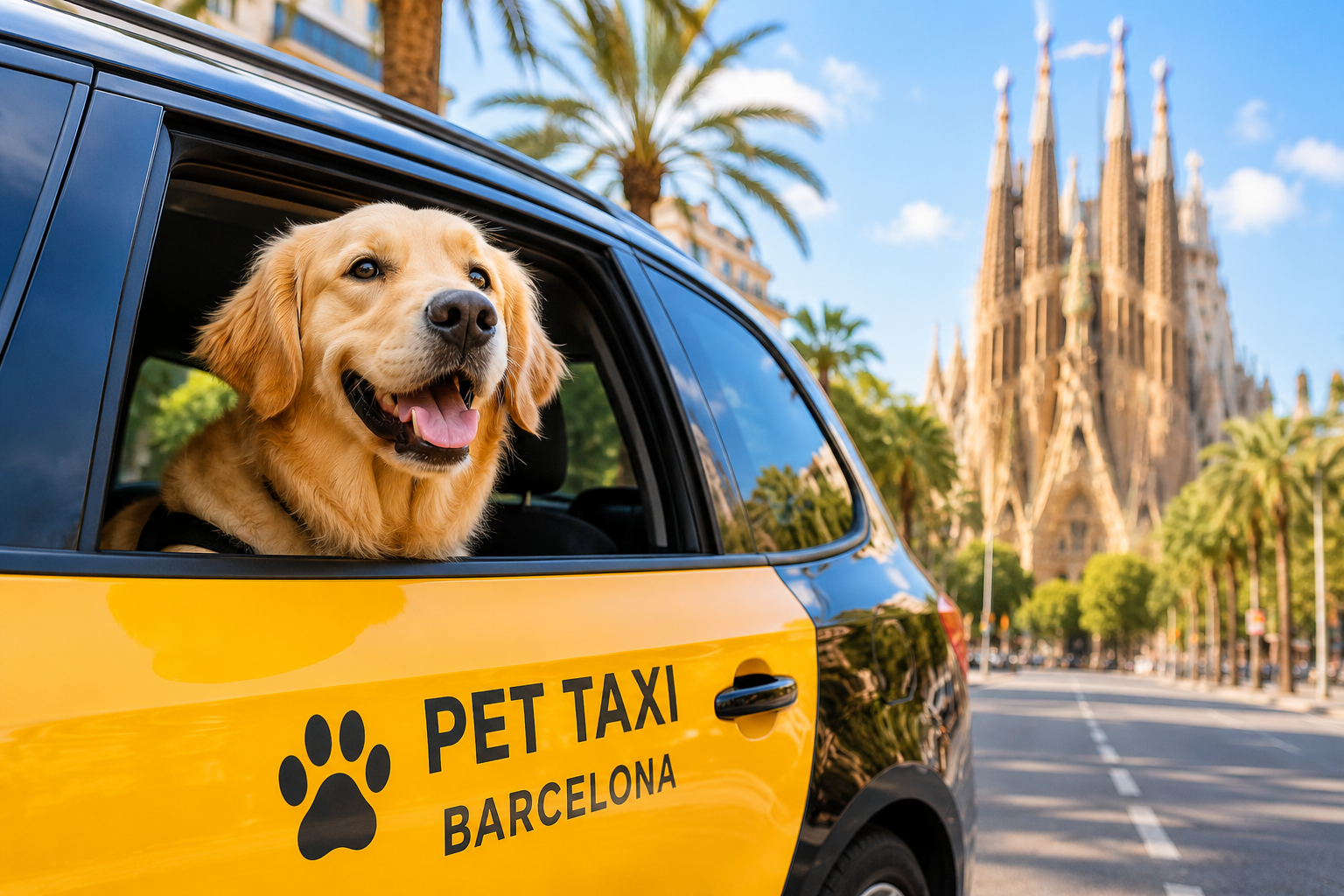 Happy dog looking out of the window of a pet taxi in Barcelona